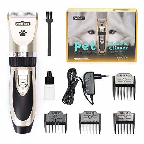 Nobleza Cordless Professional Pet Grooming Kit, Low Noise Dog & Cat Hair Clipper with 4 Combs, Rechargeable Electric Shears for All Pets