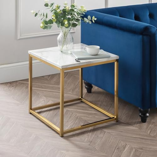 Julian Bowen Scala End Table, White Marble Effect & Gold - H50 x W50cm | Modern Side Table for Living Room or Bedroom, Brushed Gold Metal Frame, Sleek & Glamarous Design