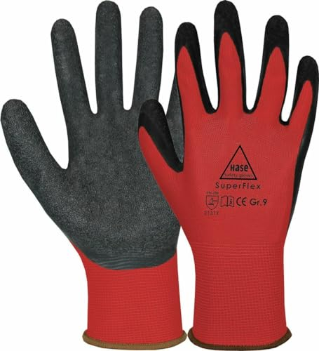 Hase 1/10 / 100 Paar Sicherheitshandschuhe Superflex Red - Polyamid/Latex - der perfekte Handschuh für griffige Arbeiten im Innen- und Außenbereich geeignet (100, 7)