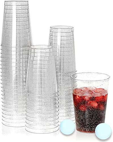KAHEIGN 50 Pièces Paillettes D'argent Tasses en Plastique, 300ml Verres à Vin Ronds Transparentes Coupe Apéritif et Dessert Parfait Gobelets Réutilisables pour Whisky Mariage Fête (7,5 x 9,5 cm)