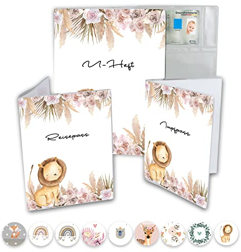 Minilino U Heft Hülle 3-teiliges Premium Set für Impfpass, Reisepass [ SCHÜTZT WICHTIGE DOKUMENTE ] Organizer für Untersuchungsheft und Reiseunterlagen | für Jungs, Federgras Löwe