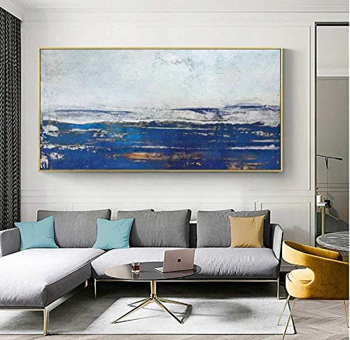 Ölbilder Auf Leinwand Handgemalt,Große Moderne Blaue Meer Textur Kunst 100% Handgezeichnete Kunstwerke, Abstrakte Pop Malerei Kunst Wandbild Wohnzimmer Schlafzimmer Galerie Wanddekoration, 90X180Cm