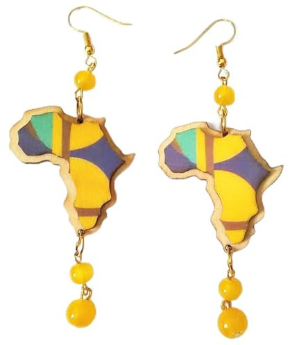 YUANYIRAN African Map Print Wooden Long Earrings - Creative Yellow Ear Hook Earrings Trendy African Exaggerated Wood Women Ethnic Hip Hop Jewelry For Ladies Gifts,As Shown