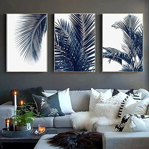 AIVYNA Peintures Sur Toile tableau Nordique Bleu Marine Art Mural Feuille De Palmier Affiche Imprimer Decoration Botanique Image Oeuvre Salon à La Maison Sans Cadre, Blanc, 60×80cm×3pcs
