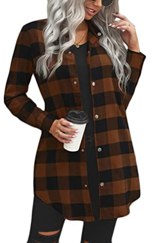 Onsoyours Damen Kariertes Hemd Blusen Overshirt Plaid Hemdbluse Karohemd Button-down Langarm Blusenshirt Herbst Winter Hemdjacke A Braun XS