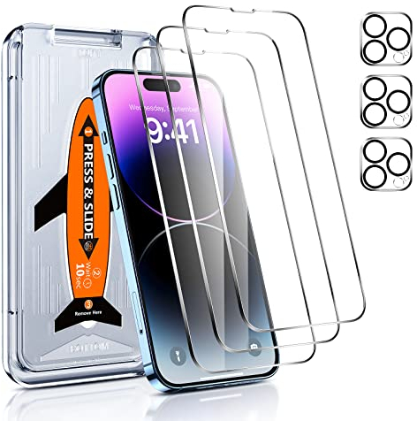 LK 3+3 Pezzi Vetro Temperato Compatibile con iPhone 14 Pro Max (6,7), 3 Pezzi Pellicola Protettiva e Pellicola Fotocamera, Durezza 9H, HD Schermo Pellicola, Con Strumenti di Installazione