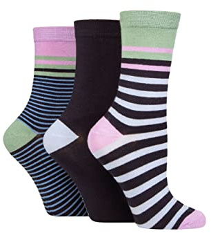 Glenmuir Womens Patterned Bamboo Socks Bright and Colourful, Fun Designs - Pack of 3 - Stripe Navy 4-8