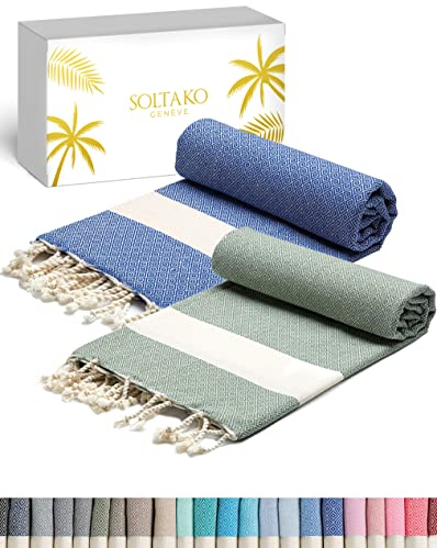 SOLTAKO Fouta Diamant Premium, 2er Set, Königblau/Khaki, 100/200cm