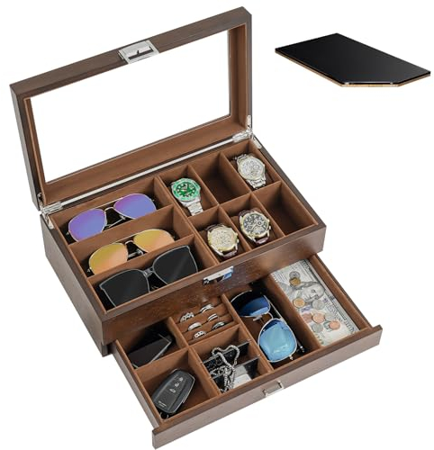 ProCase Uhrenbox Brillenbox aus Holz in Klavierlack hochglänzend, 2 Ebenen, Brillen Aufbewahrungsbox Uhrenkasten Sonnenbrillenbox mit Glasdeckel für 6 Uhren und 3 Brillen -Espresso