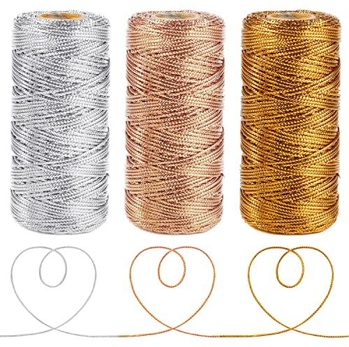 Anvin Lot de 3 ficelles de boulanger métalliques pour emballage de loisirs créatifs et loisirs créatifs - Doré, argent et or rose - 200 m
