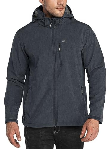33,000ft Giacca impermeabile da uomo con fodera in pile Softshell, multi tasche, antivento, con cappuccio staccabile, Colore: grigio scuro., L