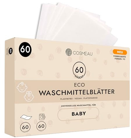 Cosmeau Waschmittel Blätter Bergamotte für Babies - bis zu 60 Waschgänge (60 Blätter) - Nachhaltiges Waschmittel für Weiß, Farbe und Schwarz - Plastikfrei, Biologisch Abbaubar