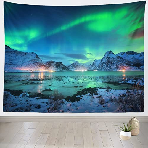 403 Wandtuch Portabel Wandteppich Langlebig Bettwäsche Für Zimmer Hausdeko Picknick Aurora Borealis - Küste Schneebedeckter Berge Polarlicht Sternenhimmel Norwegen 150x200cm