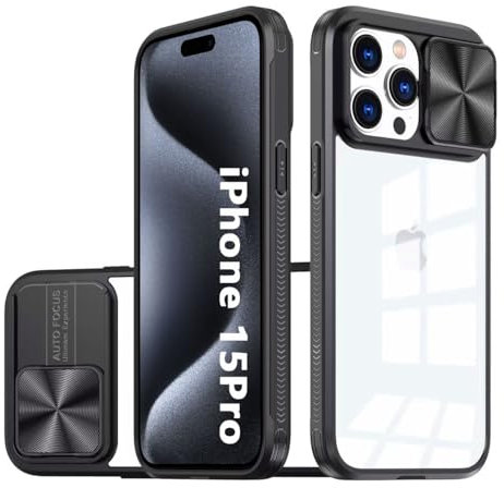 LIUKM Coque Compatible avec iPhone 15 Pro, Cache Camera Protection, Étui avec Cache Caméra Coulissante, composé d'un Dos en PC et d'un Cadre en TPU - Noir