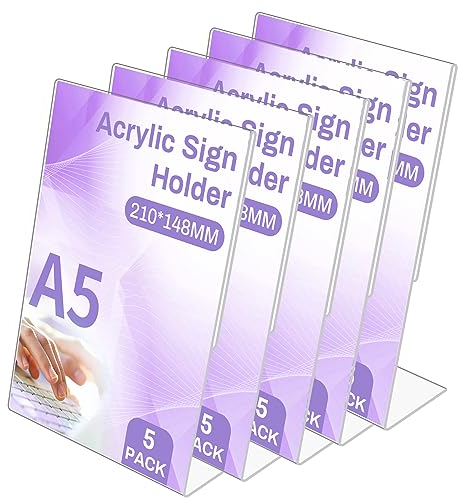 Sagreeny 5 Stück Acryl Tischaufsteller A5 Aufsteller, A5 Acrylplakat Menü Rack, Transparenter Kunststoff Display Rack Tischständer Restaurant Hotel Dokument Büro Speicher (A5-L 5Pack)