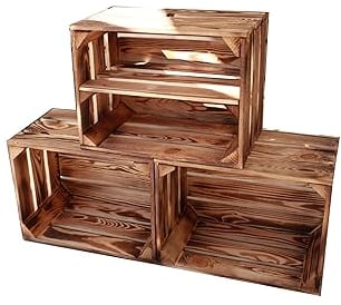 Teramico Vintage Holzkisten 40 x 30 x 25cm geflammt | Weinkisten & Obstkisten | Set-Angebote (3er Set mit Boden Lang)