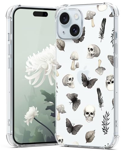 CAROKI Clear Phone Case for iPhone 15,Black Skull Pattern Case Cover Soft TPU Protective Slim Shockproof Cover Boys Girls Phone Case for iPhone 15-Black Skull