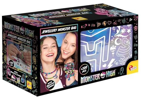 Lisciani - MONSTER HIGH - SCHMUCKTASCHE für Kinder ab 5 Jahren - Schmuckherstellungsset mit glitzernder Aufbewahrungstasche - Erstellen Sie Halsketten und Armbänder mit Perlen und Zubehör inklusive