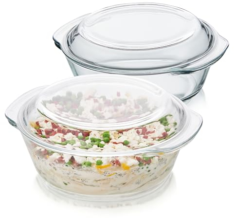 KHG Auflaufformen aus Glas mit Deckel 2er Set 2 Liter Rund für kalte & warme Speisen, spülmaschinenfest, mikrowellengeeignet, Glasbräter Glasform Backform, 26x11x23 cm