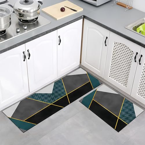 Nivofu Juego de 2 Alfombras Cocina (40x120cm + 40x60cm), Alfombra de Cocina Lavable Antiderrapante, Alfombra Pasillo, Tapetes Modernos, para Cocina, Comedor y Entrada (Geometría Verde)