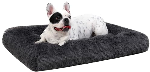 Favodormir Hundebett kleine Hunde Waschbar, Langer Plüsch, rutschfeste Unterseite, Flauschig Hundekissen Hundematte, Maschinenwaschbar Hundekorb, Dunkelgrau 60x45cm