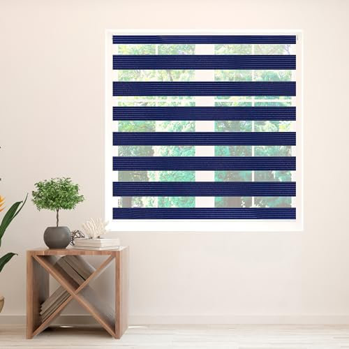 Zebra Blind - Day and Night Roller Blind, Aluminium Frame, Dual Layer Striped Fabric Modern Elegant Window Blind, Easy Clean, Light Control Privacy 145 cm Drop, Navy, (90cm Width)