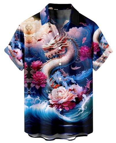 Short Sleeve Shirts Men Chinese Dragon Print Button Down Shirts Summer Casual Shirt Lightweight Regular Fit Turn-Down Collar Tops Funny T Shirts Adult Hawaiian Vacation Shirt for Beach Holiday