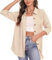 Irevial camisa lino mujer Blusa de Informal Elegante Tops con Botones Camiseta de Gran tamaño con cuello de pico de manga larga Camisa Mujer con Bolsillo Albaricoque，S