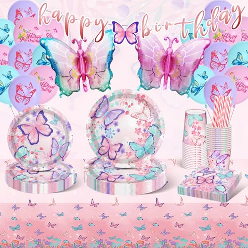 119 Pièces Papillon Décorations pour Fille, Vaisselle Jetable Anniversaire, Kit pour les Fêtes, Mariages, Remise des Diplômes, Baby Shower
