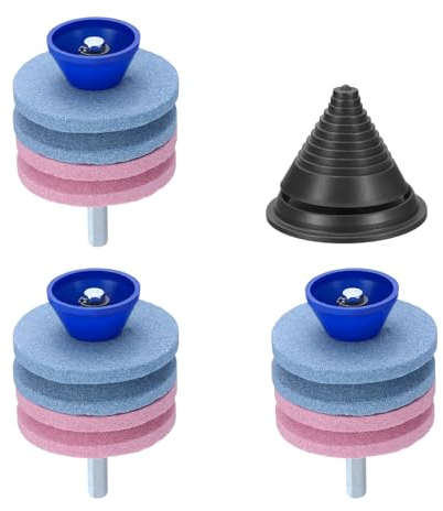 sourcing map Lawn Mower Blade Sharpener, 3pcs Corundum Four Layer Mower Blade Grinder Stone with Black Blade Balancer for Power Drill Hand Drill Garden Tool, Blue/Pink