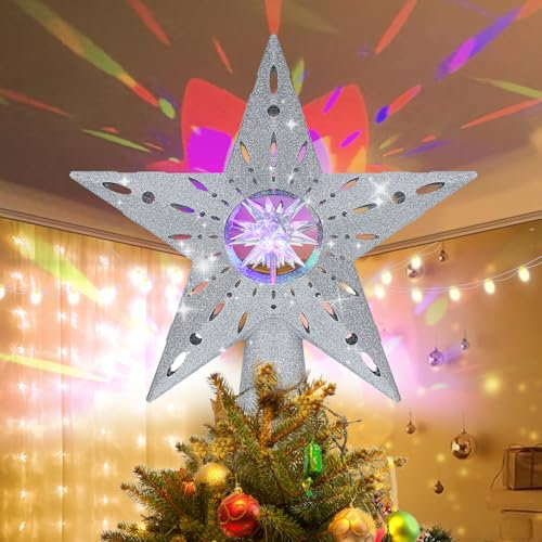 Weslery Christmas Tree Topper Projector with 3D Glitter Dynamic Projection, Hollowed Pentagram Star Topper, Built-in LED Rotation Lights & Shatterproof Star Topper for X-mas Tree Home Ornament