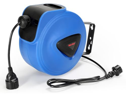Fiqops Avvolgicavo automatico, 20 m + 1,5 m, montaggio a parete, girevole a 180°, avvolgicavo automatico per officina e stoccaggio, con funzione stop, avvolgicavo (spina singola)