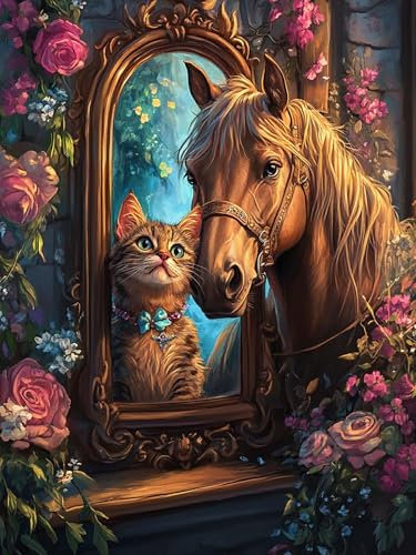 Zariocy 5D Diamond Painting Kits Pferd, DIY Malen mit Diamantkunst Katzen Round Full Drill Crystal Diamond Stickerei Gemälde Kunsthandwerk für Home Office Wall Decor 30x40 cm