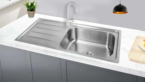 Omeere, 100 x 50 cm - Évier de cuisine, en acier inoxydable 304 - Épaisseur du matériau : 0,8 mm - Évier encastrable - Carré - 1 bac XXL - 50 x 40 cm (étagère à gauche)