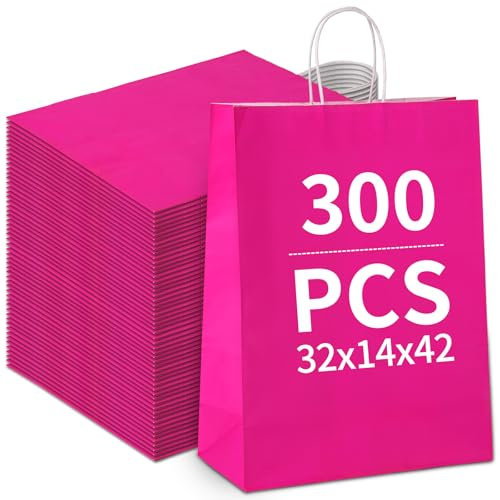 Papiertüten Bunt, Papiertüten mit henkel, Candy Tüten zum Verpacken von Kindergeburtstag, Party, Geschenken, Hochzeiten, Feiern (Pink-32x14x42cm-300pcs)