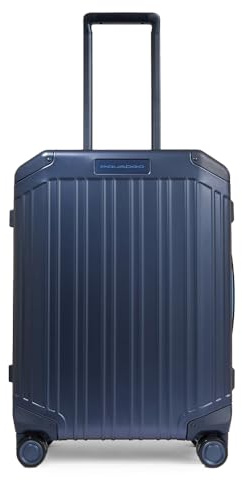 Piquadro – Schlanker 4-Rad-Kabinentrolley – Hochwertiges Aluminium und Leder – Blau – Handgepäck für Damen und Herren