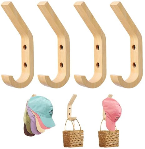 Daily Treasures 4Pack Wooden Hat Rack for Baseball Caps,Multi-Purpose Hat Organizer,Strong Adhesive Hat Hooks for Wall,Two Mounting Options Caps Display Rack for Closet Door Bedroom Holds Up to 30Hats