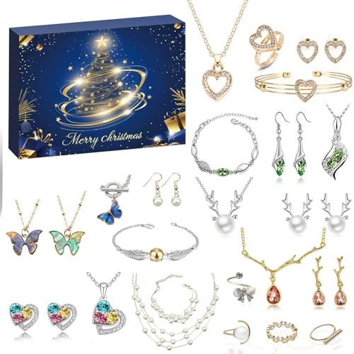 Schmuck Adventskalender 2024, Adventskalender Weihnachten mit 24 glänzenden Schmuckstücken, Adventskalender 2024, Schmuckadventskalender, Damen Schmuck, Bi Set