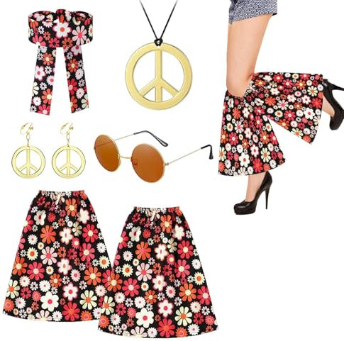 LOMUG Hippie Kostüm Damen Set, 5 Stück 70er Jahre Hippie Accessoires, 70er Hippie Kleid Damen Set mit Stirnband und Stulpen, Halskette, Sonnenbrille, Frauen Hippie Kostüm Set für Karneval Party
