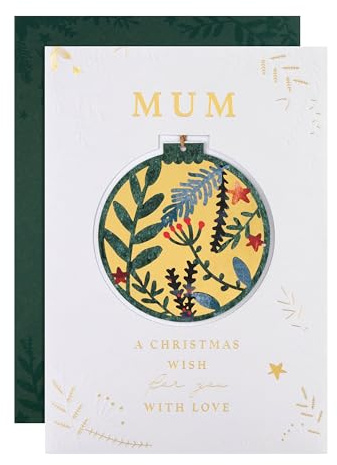 Hallmark Mum Christmas Card, Foliage & Bauble Design, Gold, 22.8cm | Embossed, 3D Embellishments, Green Envelope, Recyclable, 22.8x15.9cm, Cream/Green