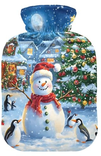 Wärmflasche mit Schneemann-Pinguinen, Weihnachtsbaum, Wärmekissen, Wärmekissen für Menstruationskrämpfe, Schmerzlinderung, 2 Liter