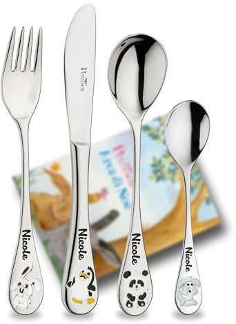 Kinder-Besteckset Arche Noe mit Namensgravur aus Edelstahl 4-teilig Kinderbesteck mit Gravur Geschenk zur Taufe, Taufgeschenke für Mädchen und Jungen - Personalisierte Set