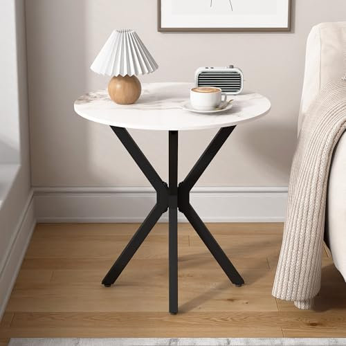 GOLDFAN Runder Couchtisch, Kleiner Marmor-Beistelltisch, Weißer Tisch mit schwarzen Beinen für Wohnzimmer Schlafzimmer Büro, 50 x 50 x 55 cm