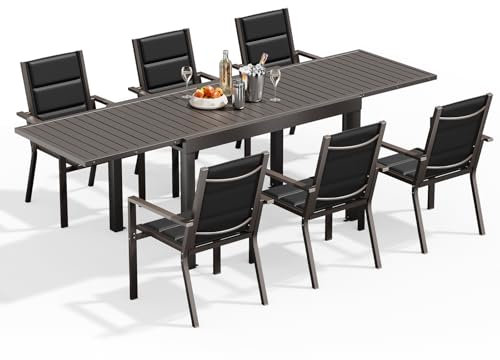 Devoko Gartenmöbel Set 6 Personen,6+1 Aluminium Tisch und Stühle Set Balkonmöbel, 6 Stapelbare Gartenstühle und 1 130/260 cm Dehnbarer Gartentisch,Terassen möbelsets außen Lounge, Braun