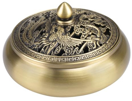 TAIYOU Vintage Messing Räuchergefäß mit Deckel Räucherschälchen Incense Burner Kit Räucherstäbchenhalter Metall Räucherschale Retro Weihrauchbehälter für Hause Büro Yoga Dekoration Drache Phönix