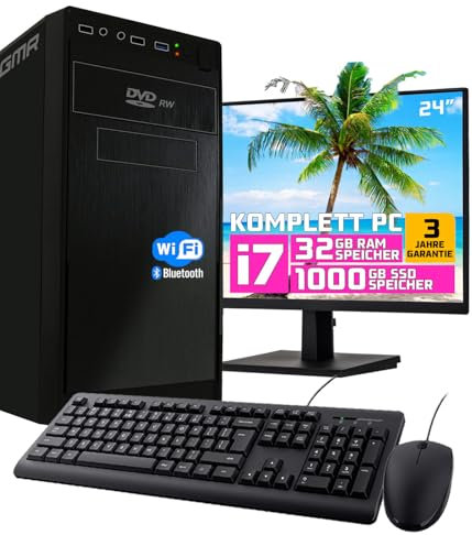 GMR All in One Ultra i7 Business Office PC | Komplett mit 24 Zoll HD-Monitor, Tastatur & Maus | 3 Jahre Garantie | 32 GB RAM | 1000GB SSD | DVD±RW | USB 3 | Windows 11 Prof | WiFi-Bluetooth