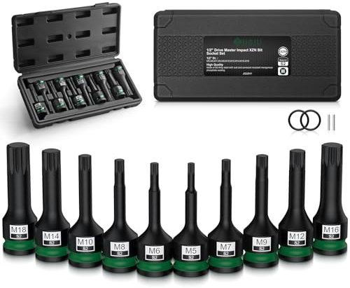 JiGiU 10PCS 1/2 Drive Impact XZN Bit Socket Set Spline Socket Set Square Socket Sets M5, M6, M7, M8, M9, M10, M12, M14, M16, M18 with Storage Case for Professional Mechanic and Auto Repair