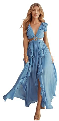 HEYPORK Damen Frühling Sommer Kleider Lässig Bequem Kleid Modern Elegant Röcke Frauen Slim Rückenfreies Kleid V-Ausschnitt Gerafften Schlitz Langen Rock(Blau, XL)