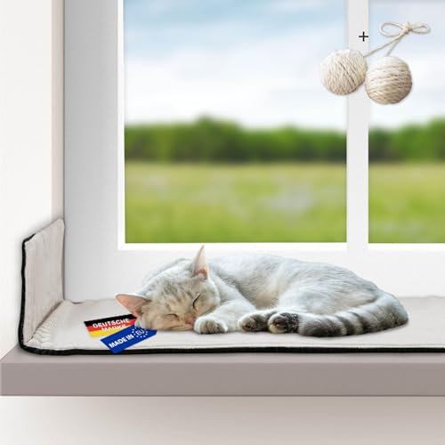 Rohrschneider Katzen Fensterliege | selbstwärmende Katzendecke | Made in EU | Katzenkissen mit Rutschfester Unterlage | waschbares Katzenbett aus Cordstoff | Größe 2 (90 x 29 cm) | beige