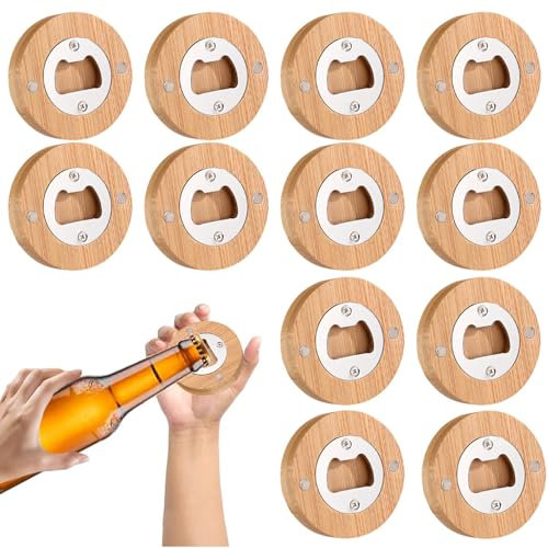 12 Stück Flaschenöffner Holz, Personalisiert, Magnetisch, Edelstahl Bambus Mit Feldschwächung (6,5 Cm Durchmesser)
